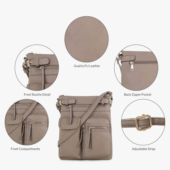 Beige / Stone Crossbody Multi-Pocket Bag | Adjustable Strap Everyday Neutral - Picture 11 of 12